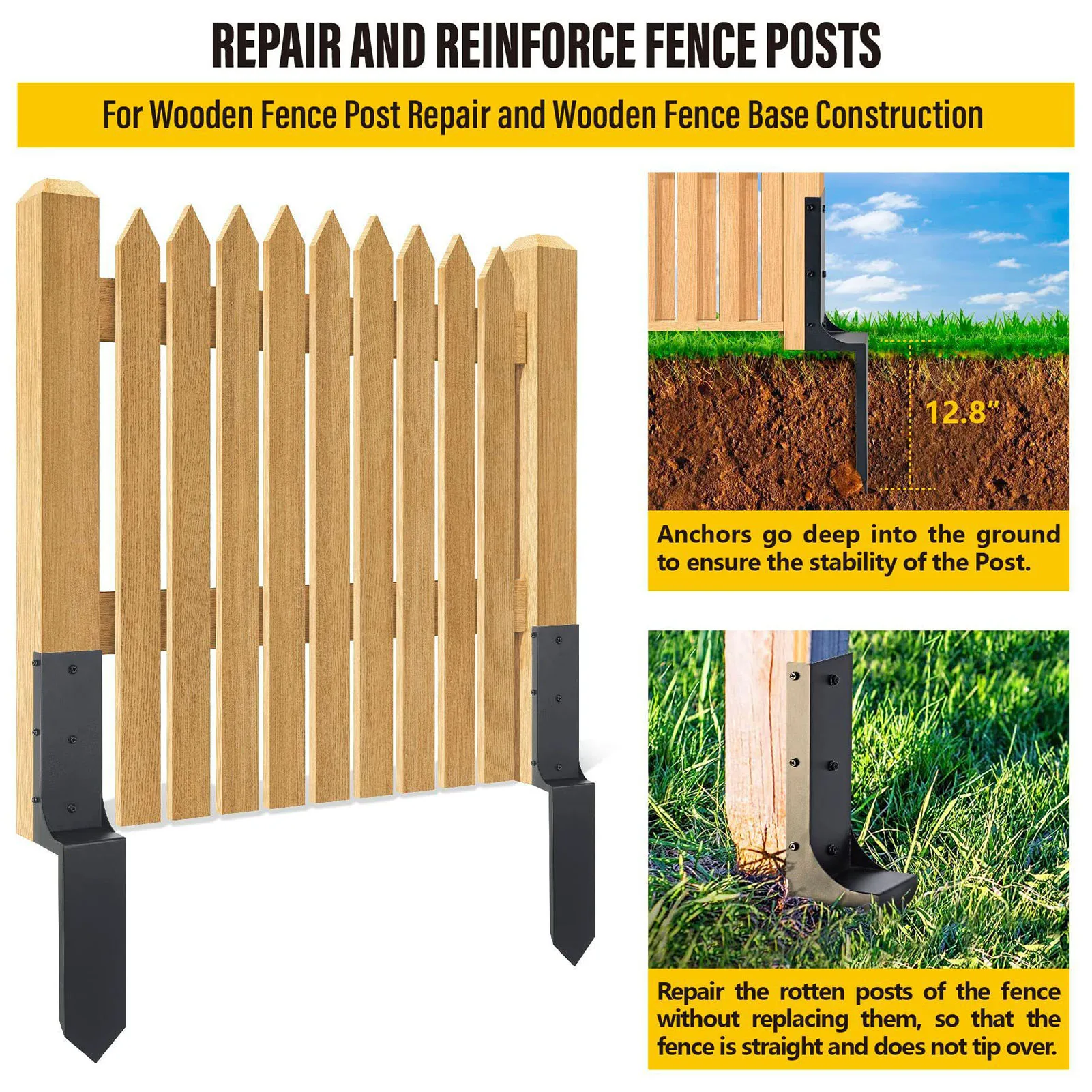 2 Set Fence Post Anchor Ground Spike Heavy Duty Steel Leaning Damaged Wood Fence Posts Repair Stake