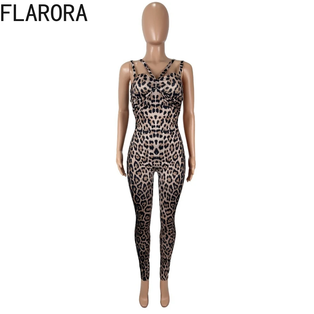 FLARORA Luipaardprint Jumpsuits Dames Band Lage Hals Skinny Eendelige Speelpakjes Wilde Stijl Stretch Slanke Streetwear Overalls