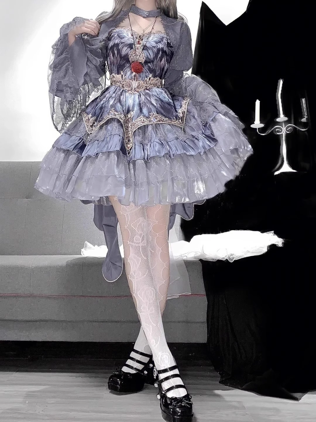 

Grey Lace Sleeve JSK Dress Heavy Embroidery Princess Skirt Wedding Lolita Outfit Women's plus Size Spring Fashion 2024