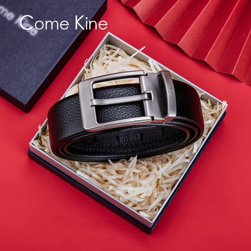 ComeKine Mens Belts Pin Buckle High Quality Genuine Leather Litchi Peel Belt Fashion Counter Gift Box for Boyfriend Husband