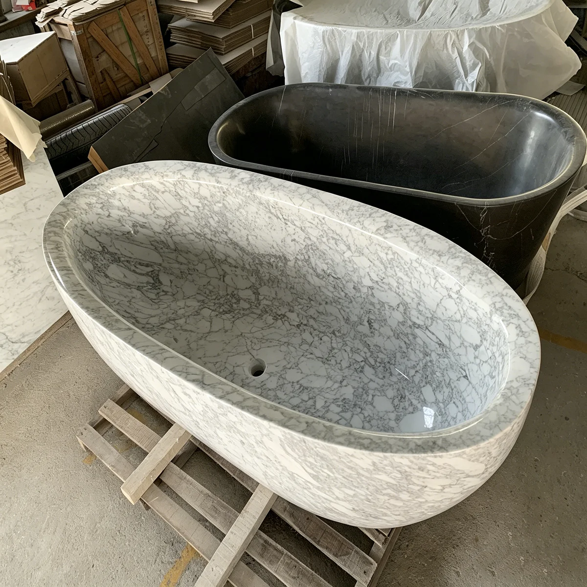 #￥Wholesale 1300mm Small Bathtub Natural Grey White Marble Freestanding Tub Suitable for High-end Apartment and Hotel Bathroom