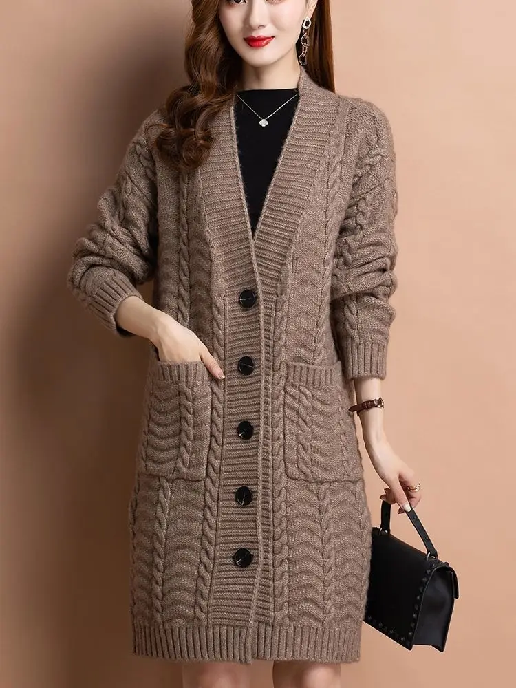 Women Clothing Autumn and Winter Knitting Cardigan Women\'s Medium Long Lazy Literary Loose Sweater Coat