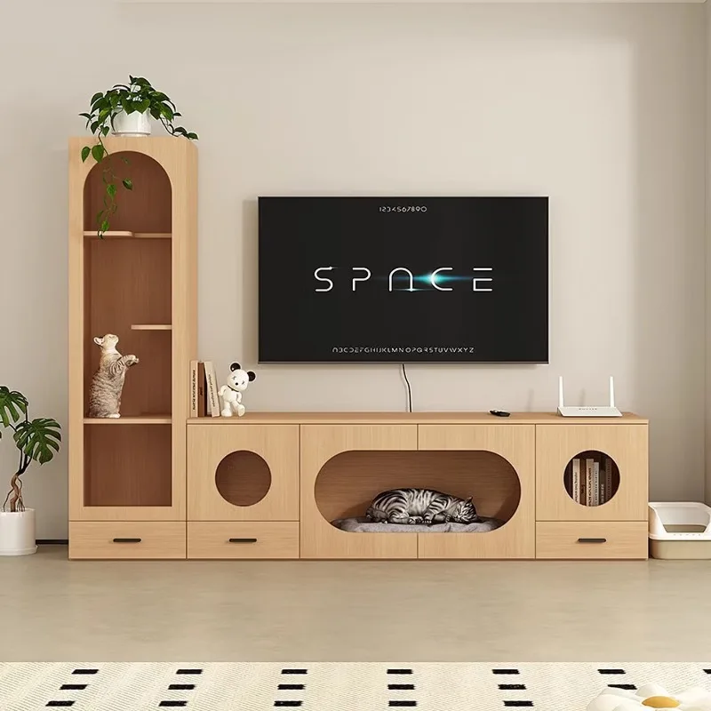 All solid wood cat nest TV cabinet side cabinet combination, people and pets share storage cabinet customization