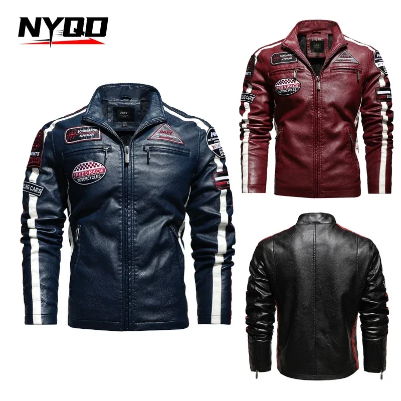 Mens Vintage Motorcycle Jacket Biker Embroidery Bomber Coat PU Overcoat Riding Jackets Men Chaqueta De Motocicleta Para Hombre