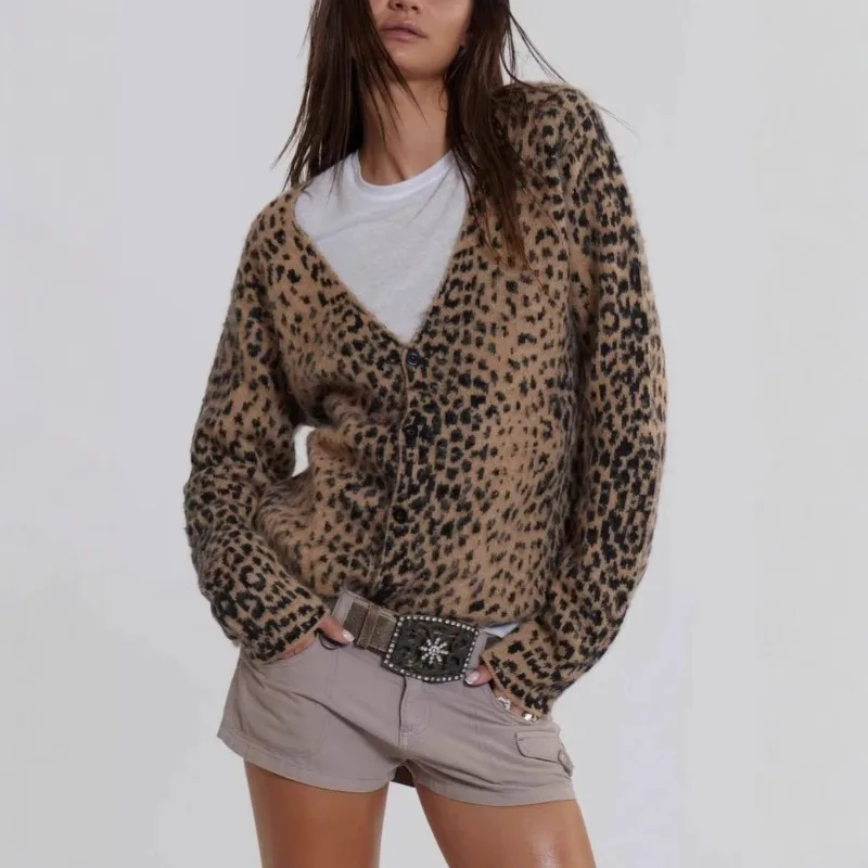 American Retro Leopard V-neck Knit Cardigan European and American Spice Girl Sweater Coat