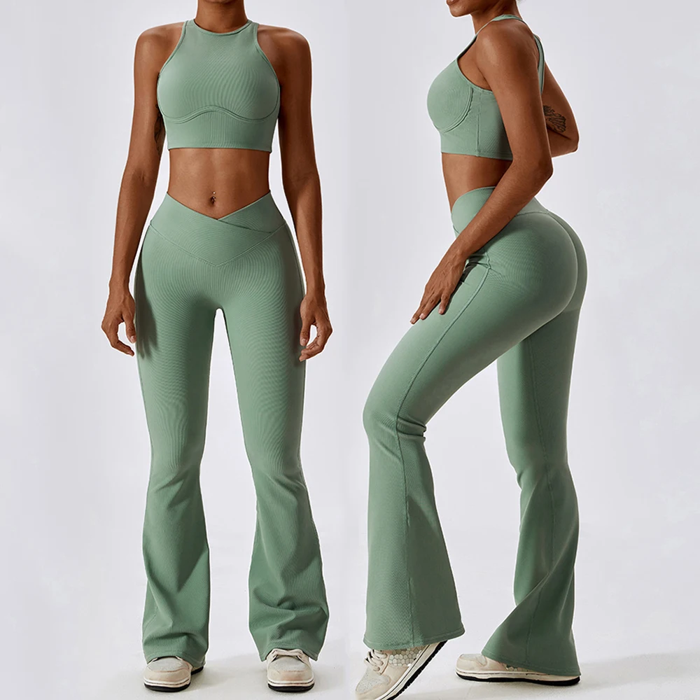 

Seamless Ribbed Yoga Set Women Tracksuits 2 Pieces Gym Suits Ribbed Yoga Vest High Waist Flared Pant Outfits Fitness Running