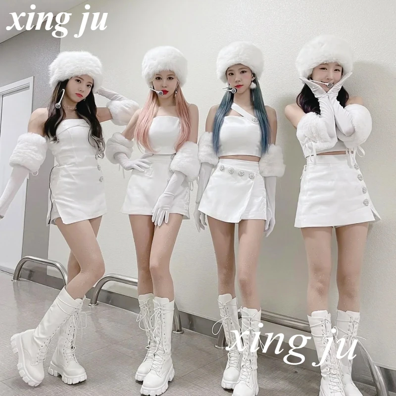 

Women Group Kpop Sexy White Strapless Vest Slim Crop Tops Irregular Slit Skirt Women Jazz Costume Nightclub DJ Dancer Stage Wear