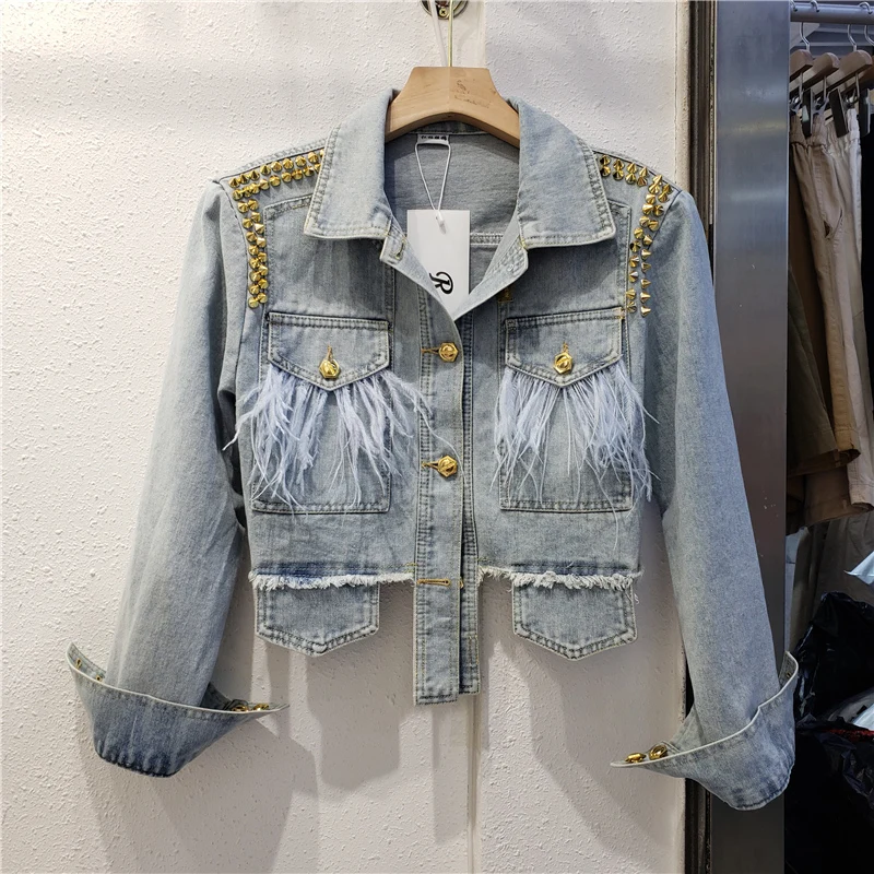 Rivet Feather Big Pocket Denim Jacket Women Cowboy Outerwear Chaqueta Mujer Spring Autumn Vintage Slim Short Jeans Jacket Female