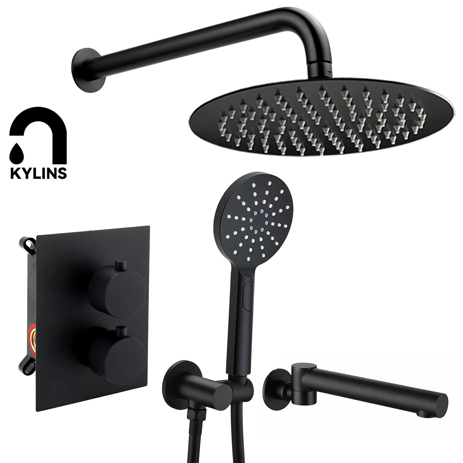 

KYLINS Black Shower Faucet Set 8 10 12" Black Rain Head with Handheld Spray Swivel Spout Bathroom Mixer Wall Mounted