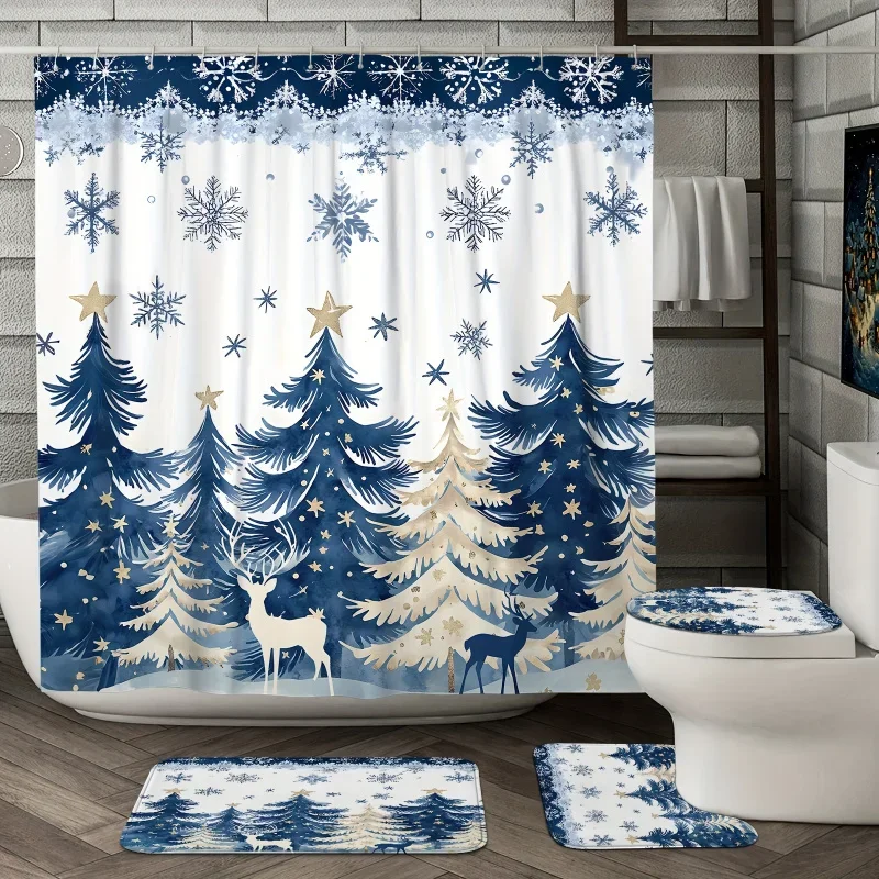 Christmas Winter Shower Curtain Set Snowflake & Deer Design, Machine Washable Polyester Bath Decor with 12 Hooks, Includes