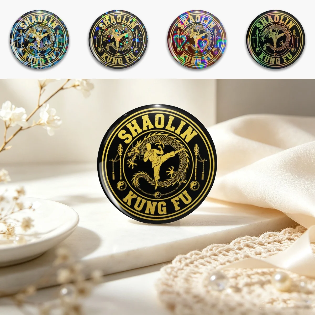 Shaolin Kung Fu Dragon Emblem - Martial Arts Zen Design Pin Holographic Star Heart Pin Brooches Laminated Button Fashion Accesso