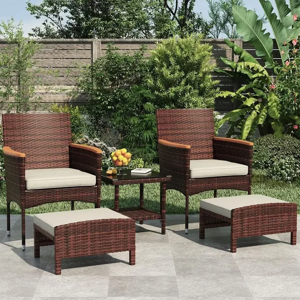 5-Piece Outdoor Patio Furniture Set: 2 Chairs, 2 Ottomans, 1 Table - Brown Wicker with Khaki Cushions