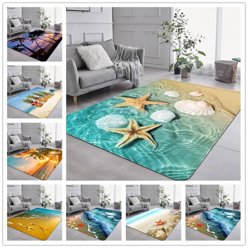 

Beach Themed Living Room Carpet Washable Washroom Bedroom Kitchen Floor Mat Non Slip Parlour Sofa Floor Large Area Decor Rug