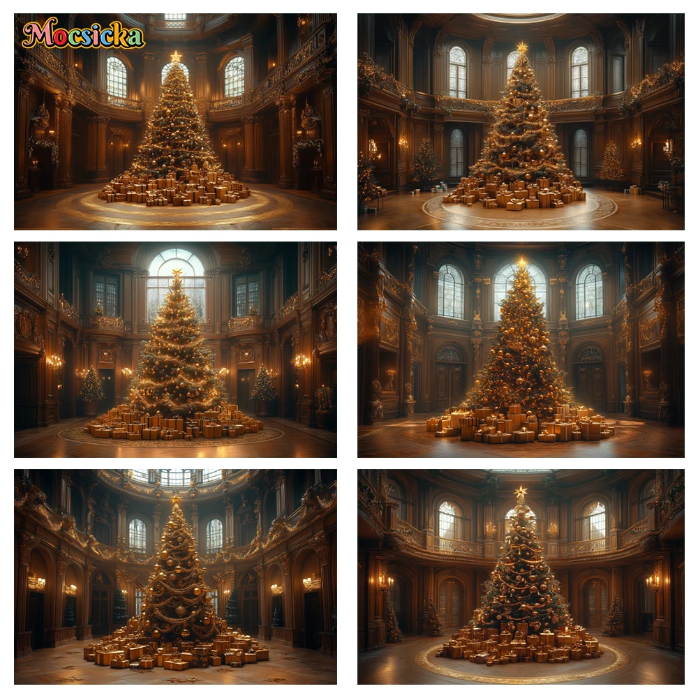 

Mocsicka Winter Christmas Photography Background Golden Xmas Tree Holiday Party Family Portrait Photo Backdrops Studio Props