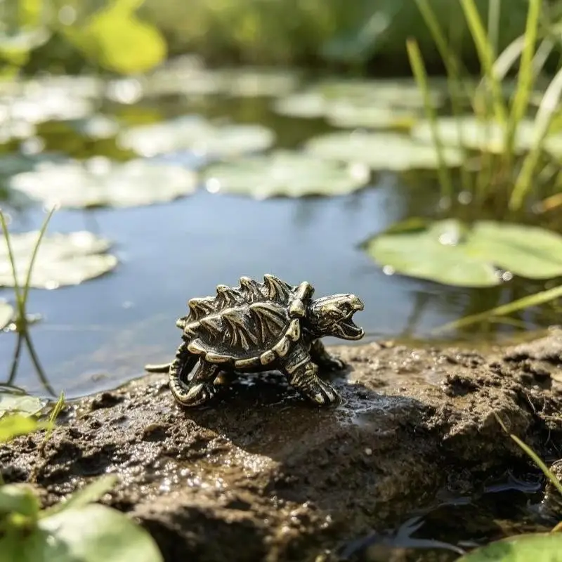Alloy Brass-Toned Mini Snapping Turtle Figurine Lifelike Details Retro Finish for Workstation Decor Animal Lover Souvenir