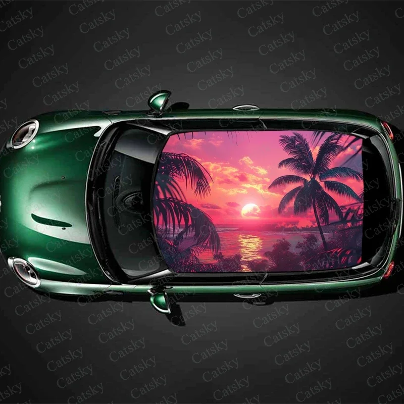 Purple Sunset Palm Tree Car Roof Sticker Wrap Racing SUV Accessories Packaging Painted PVC Custom Car Graphic Decal