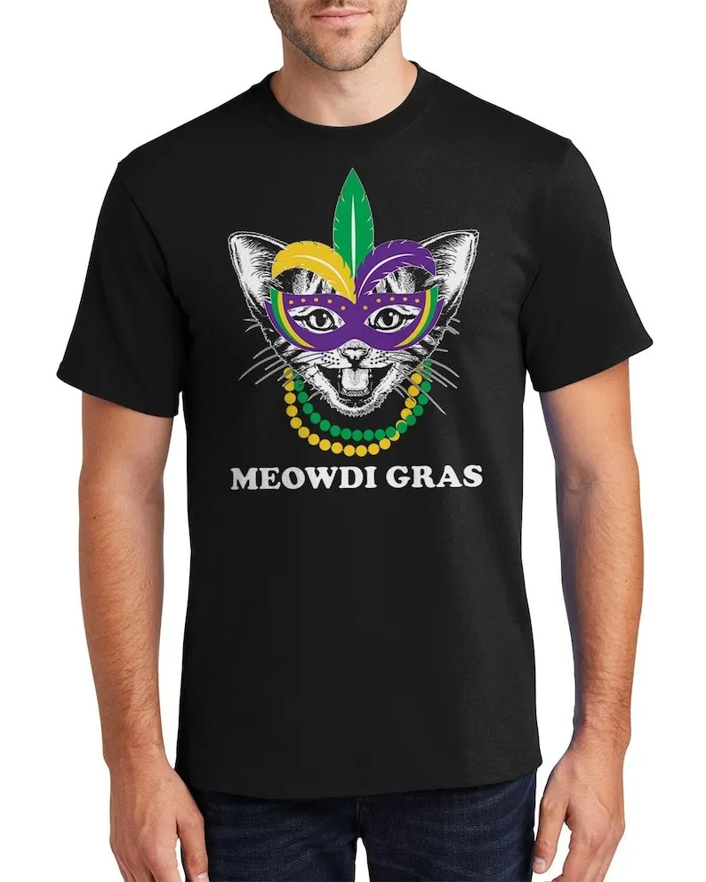 Carnivals Men Meowdi Gras Cat Mardi Gras Men's Standard or Premium Short Sleeve T-Shirt Graphic T Shirts Funny Shirt Offensive
