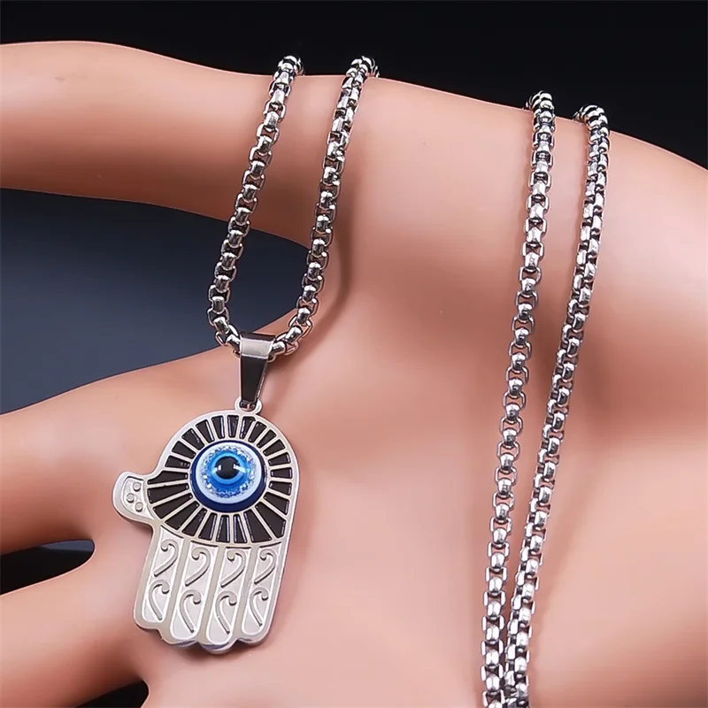 يد فاطمة الشر قلادة العين الزرقاء للرجال والنساء ، الفولاذ المقاوم للصدأ ، عين تركيا ، سلسلة الحظ ، المجوهرات ، اللون الفضي ، #4