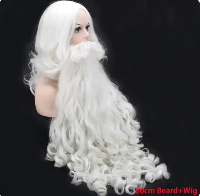 Long Curly Christmas Costumes Santa Claus Cosplay Wig and Beard White Hair Short SantaClaus Xmas Gift Hair Wigs