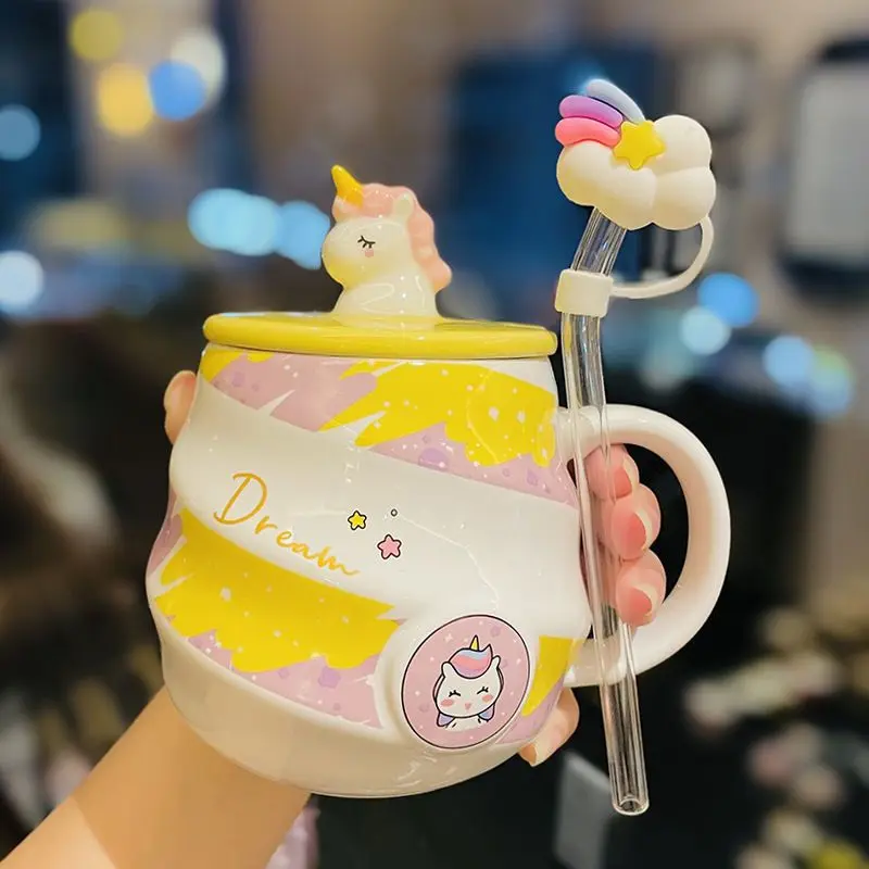 400ml Cute Unicorn Ceramic Cup Ins High Beauty Coffee Mug with Spoon Straw Box Dust Plug Small Summer Couple Water Cups Gift