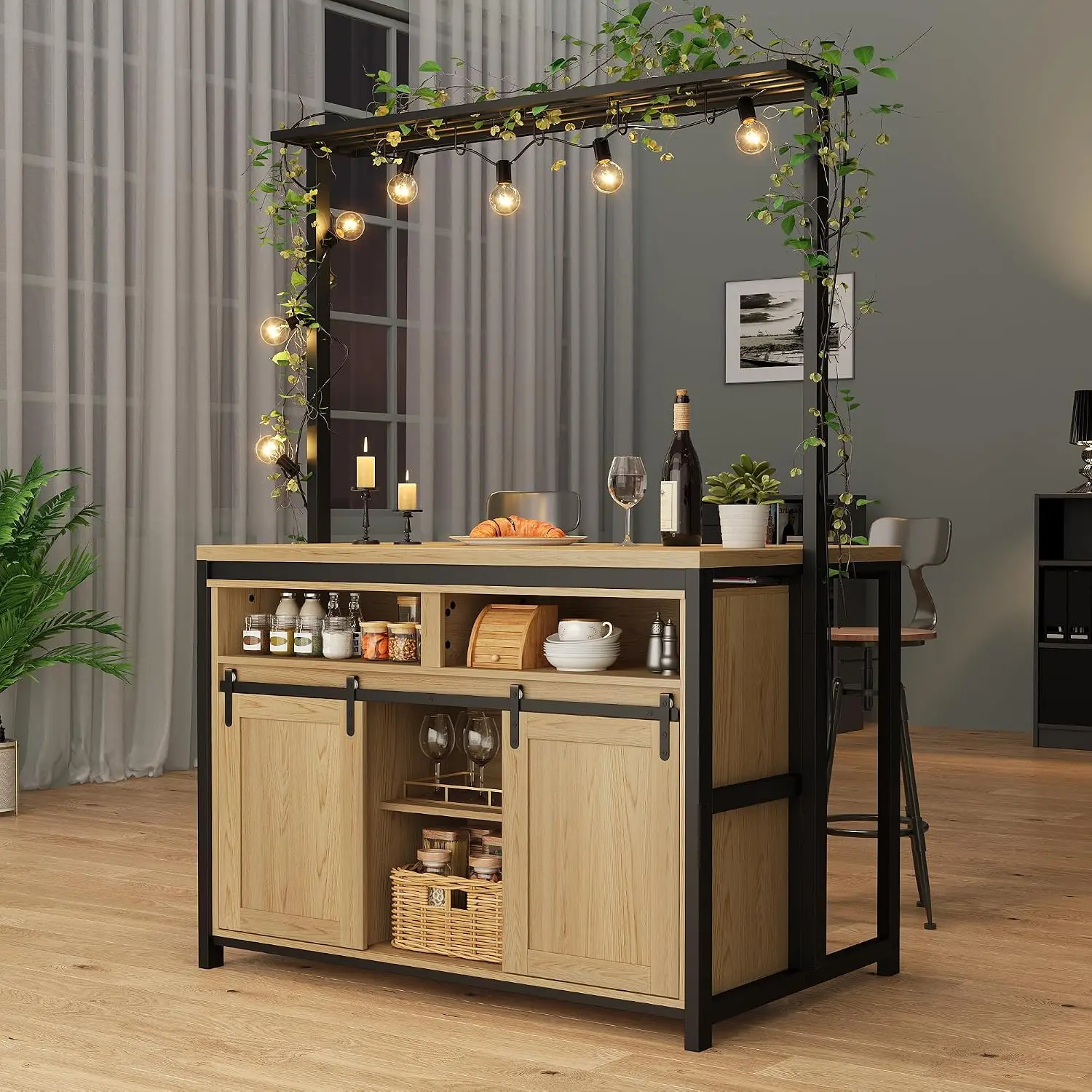 Kitchen Island Storage Cabinet Sliding Barn Door Coffee Bar Power Outlet Hook Kitchen Dining Room, Customized