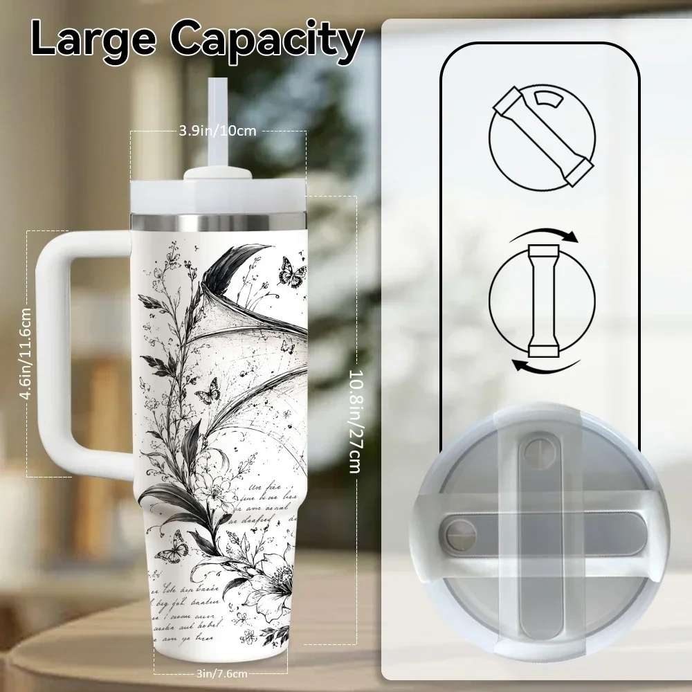 New Trendy Dragon Pattern Vacuum Flasks 40oz Stainless Steel Insulated Tumbler with Handle Straw Lid Leakproof Travel Mugorders for other colors will be shipped randomly in black or white