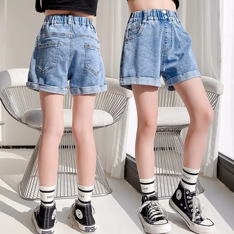 New Summer Shorts for Girls Cotton Teenage Denim Pants Fashion Children Elastic Waist Breathable Shorts Kids Clothes 8 10 12 14Y