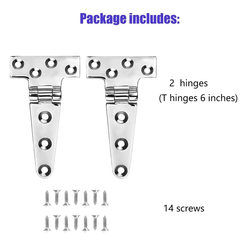 Marine Grade T Hinges, Boat Hinges, 6 Inch X 3 Inches, No Noise, Heavy Duty 316 Stainless Steel With Screws (4 PCS)