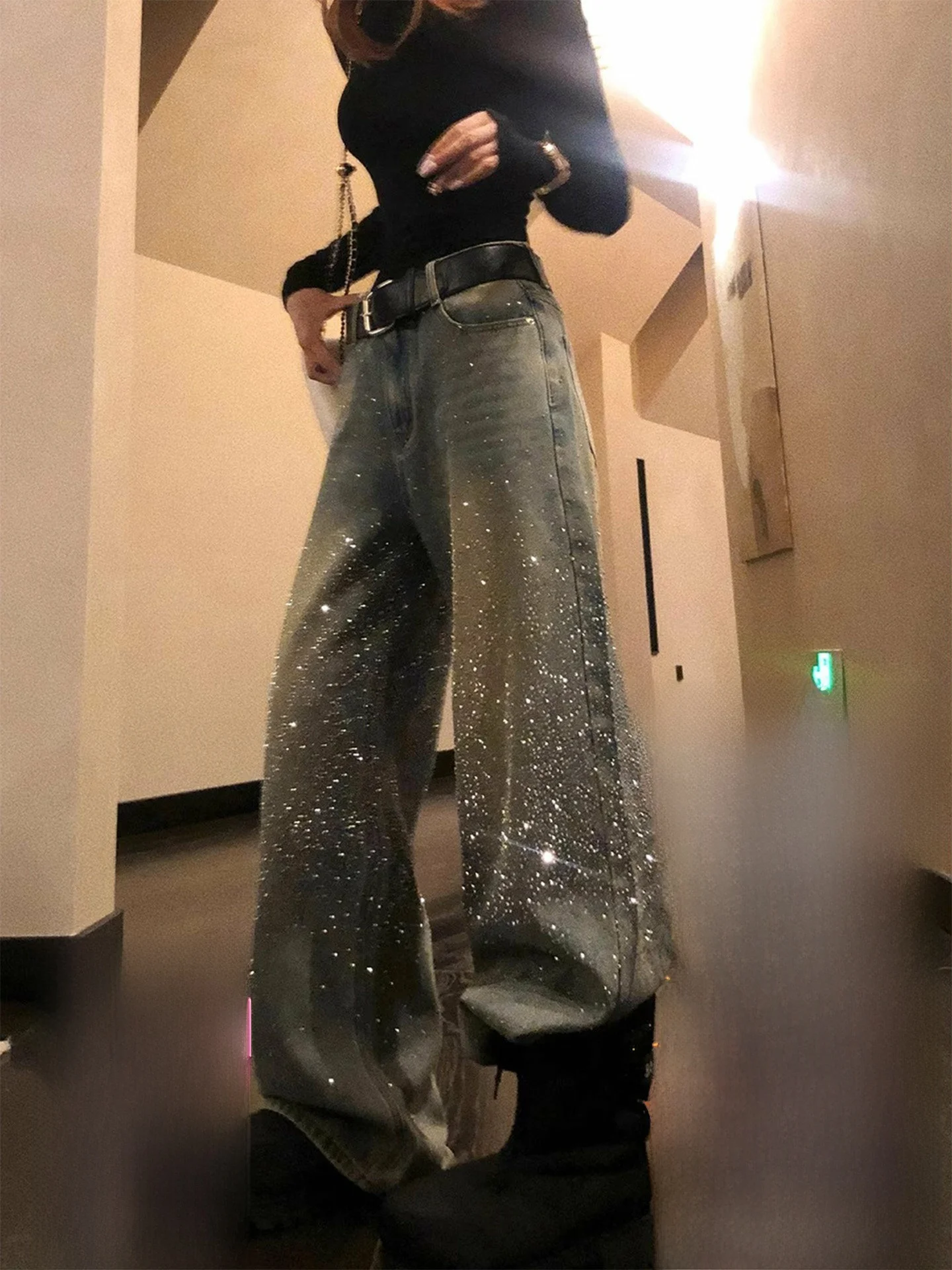 

Fleece Lined Glitter Diamond Washed Vintage Denim Jeans Women Summer New Small Size Wide Leg Pants High Waist Casual Style