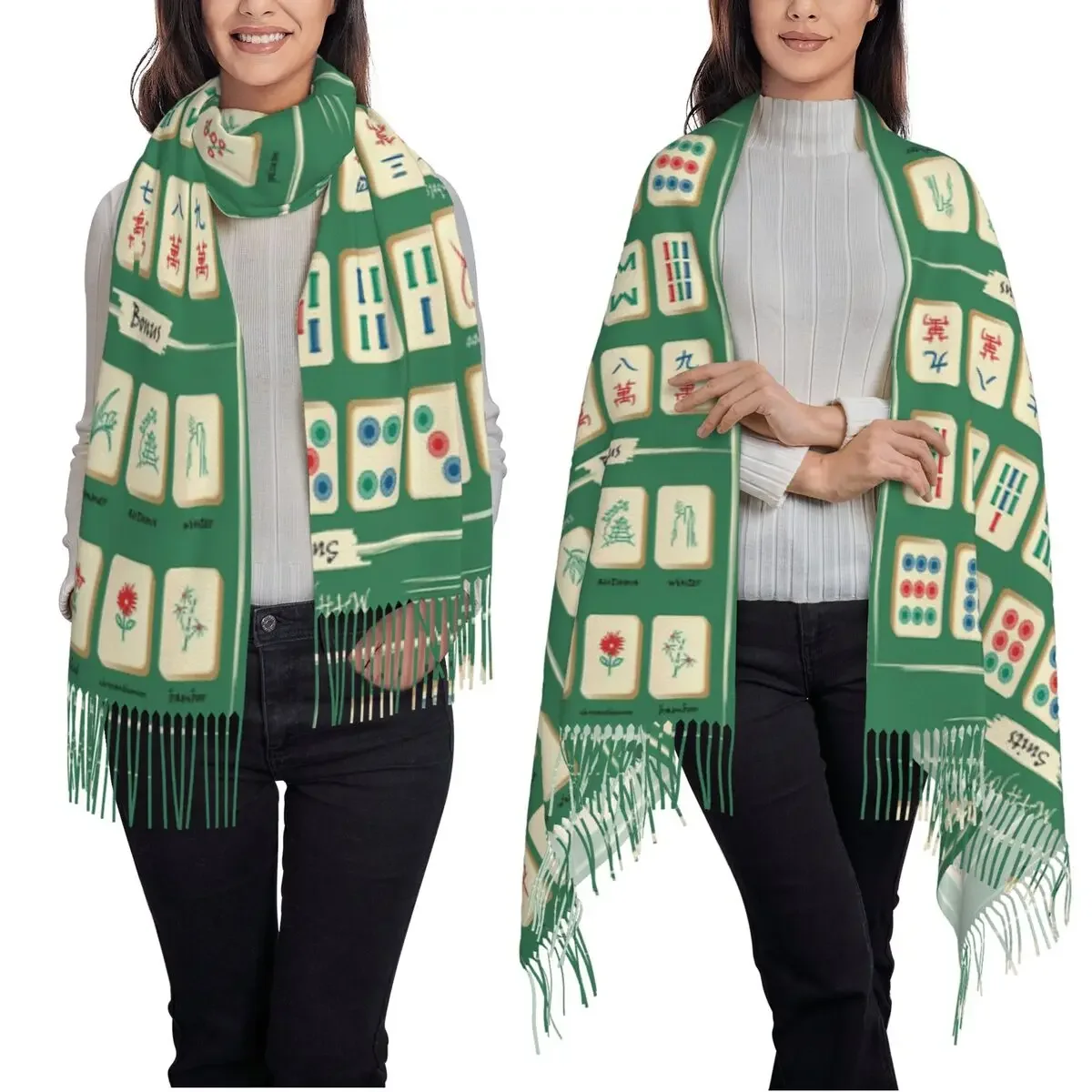 Customization Mahjong Tile Pattern Scarf Tassel Scarves For Women Soft Warm Shawls And Wraps Long Fall Winter Shawl Wrap