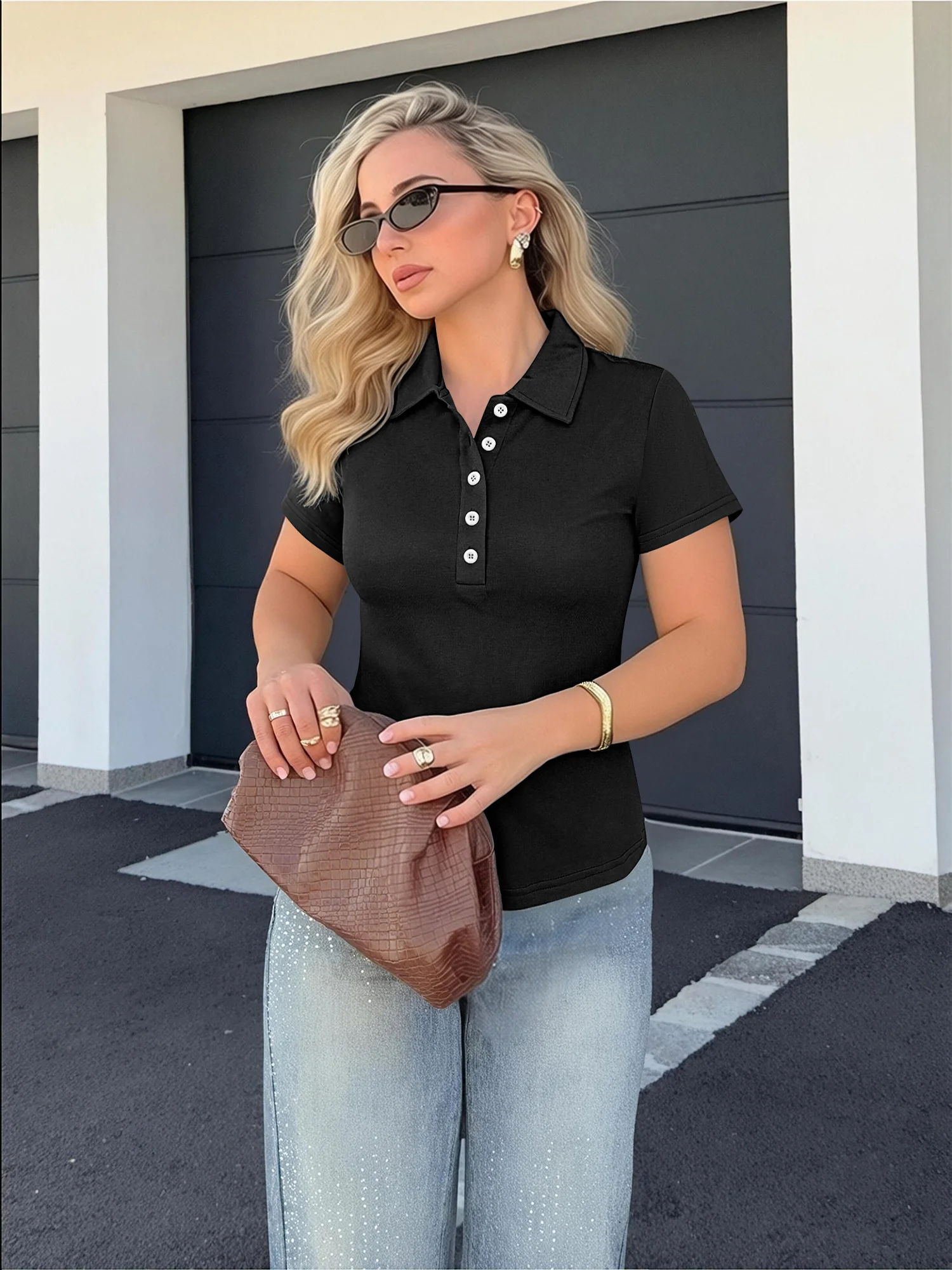 Blouse courte à col ajusté anti-transpiration, T-shirt à demi-fermeture éclair pour le jogging matinal et les séances de fitness à faible intensité