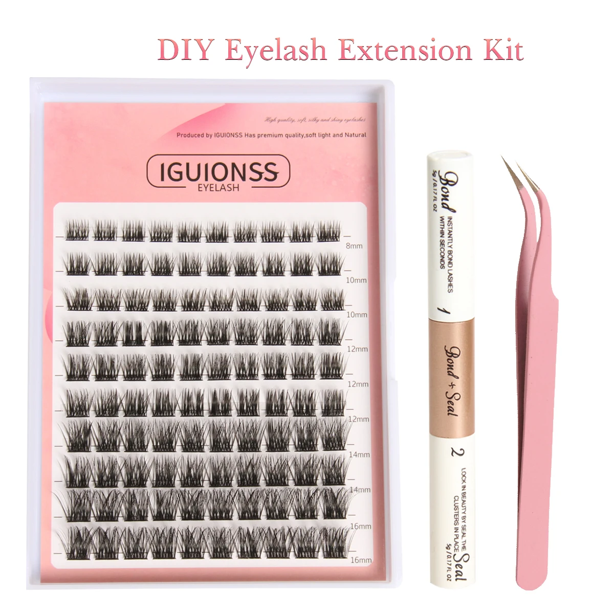 Lash Extension Kit 100pcs Lash Clusters 2850 Curl DIY Eyelash Extension Kit 8-16mm with Lash Bond and Seal Lash Tweezers