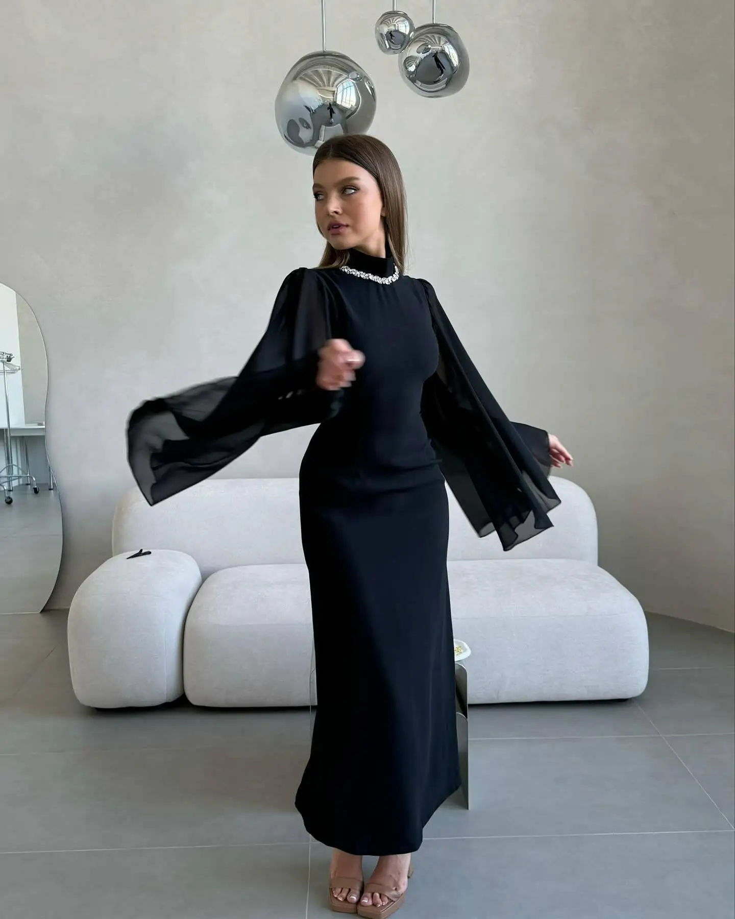 Elegant Slim Fit Solid Prom Dress Autumn Mesh Long Sleeved Flowing Long Dress Women's O Neck High Waist Straight Maxi Dress