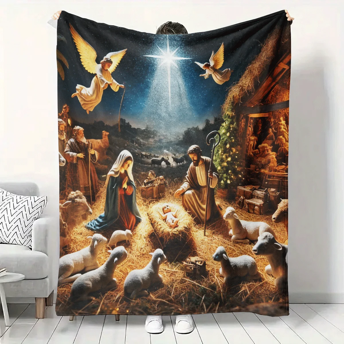 

1PC Holy Jesus Birth Religious Scene Carpet Christmas Warm Home Warm Blanket Soft and Comfortable Flannel Blanket