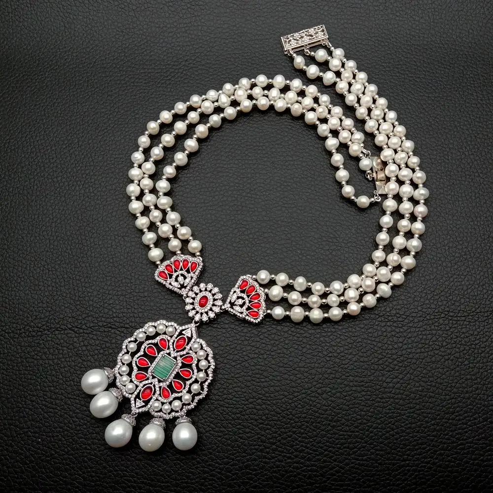YYGEM 3 Rows 6-7mm Freshwater White Pearl Necklace Cz Pave Statement Necklaces Jewelry For Women