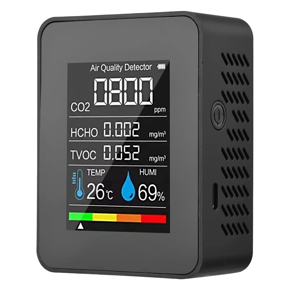 Monitor della qualità dell'aria 5 in 1 TVOC HCHO Misuratore di CO2 per umidità e temperatura, rilevatore di CO2 ricaricabile tramite USB Nero