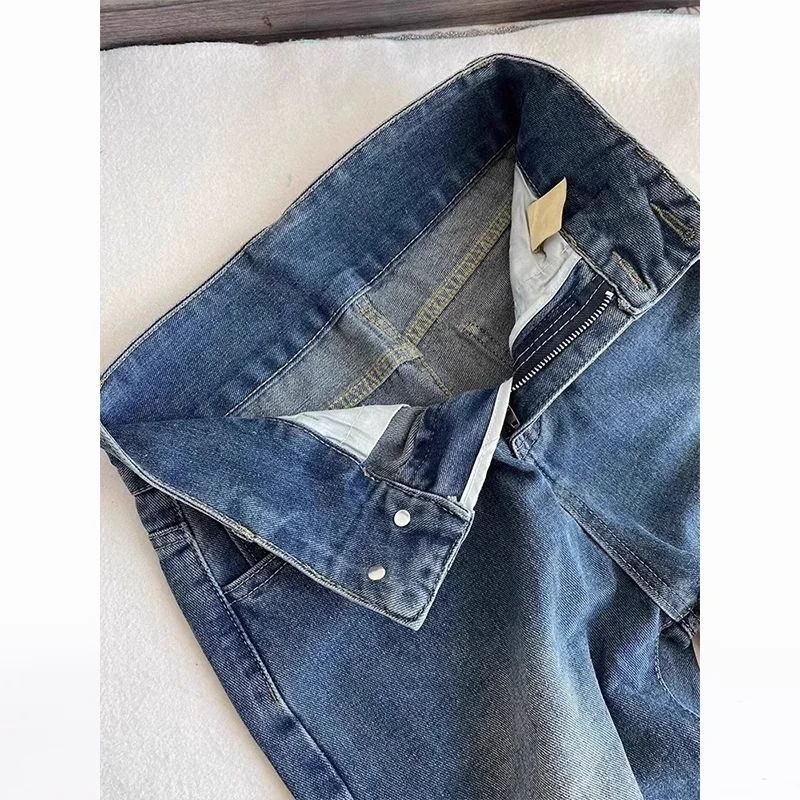Damskie jeansy vintage z wysokim stanem, szerokimi nogawkami, prostym krojem, dopasowane, luźne, z podwójnymi kieszeniami, długie do podłogi, w kolorze niebieskim.