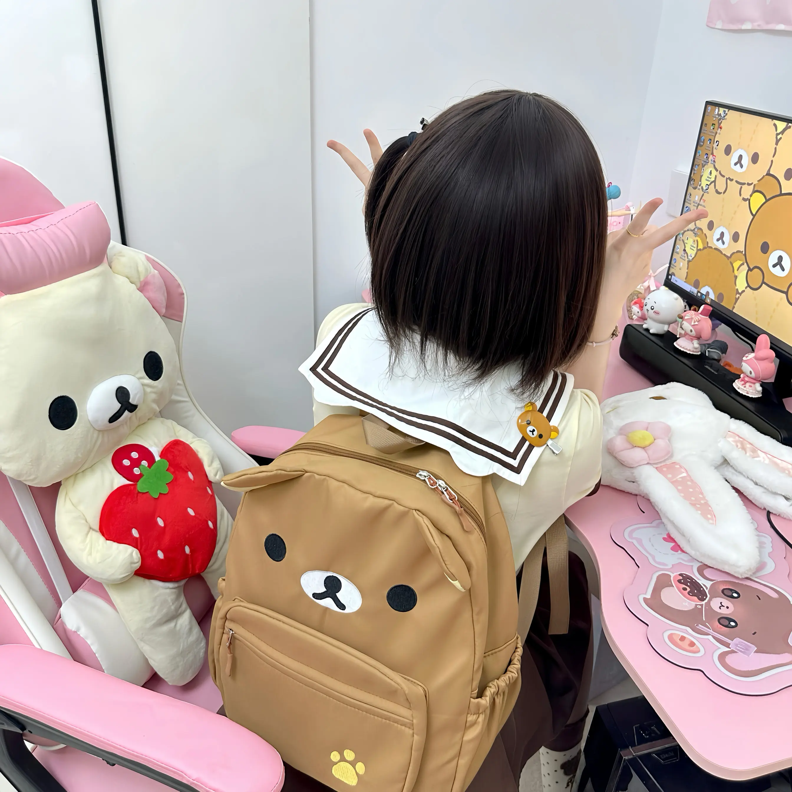 Student School Bag Sweet Japanese Cartoon Print Cute Canvas Backpacks for Girls Brown Bear Versatile Girl Backpack