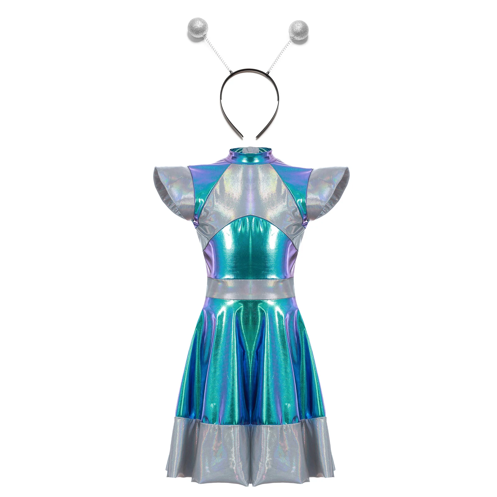 Girls Shiny Alien Outer Space Robot Cosplay Costume Gradient A Line Tutu Dance Dress for Future World Party Dress Up Performance