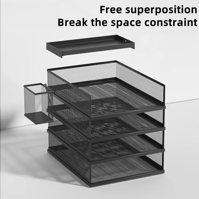 Metal File Stack Stackable Desk Organizer Office Desktop Organizer Multilayer File Tray with a Hanging Pen Holder Desk Organizer