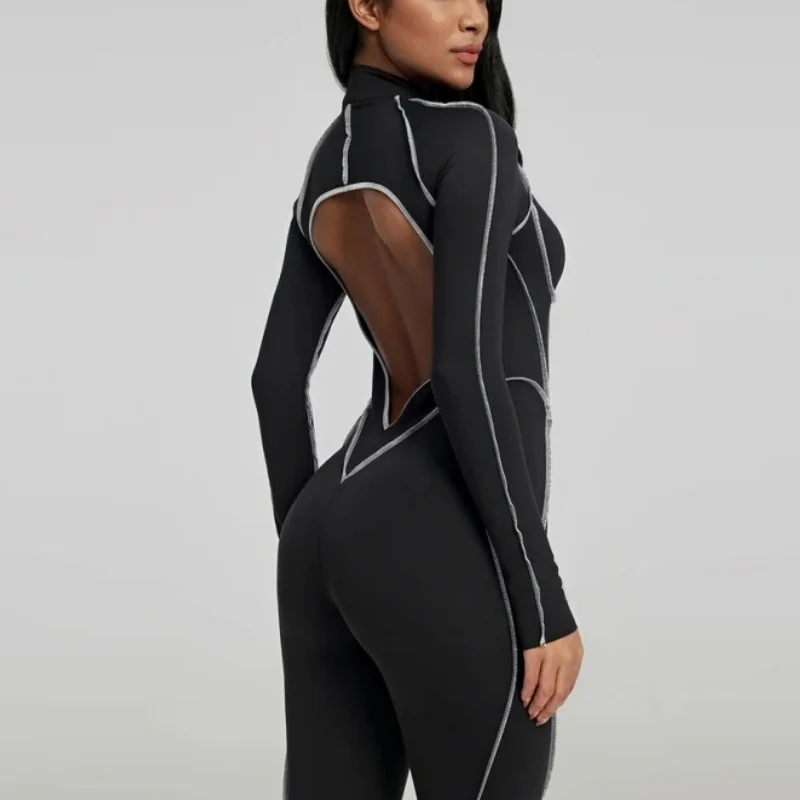 Women Zip Front Long Sleeve Jumpsuit Long Pants Bodycon Back Cut Out One Piece Tracksuit Bodysuit Workout Fitness Outfit