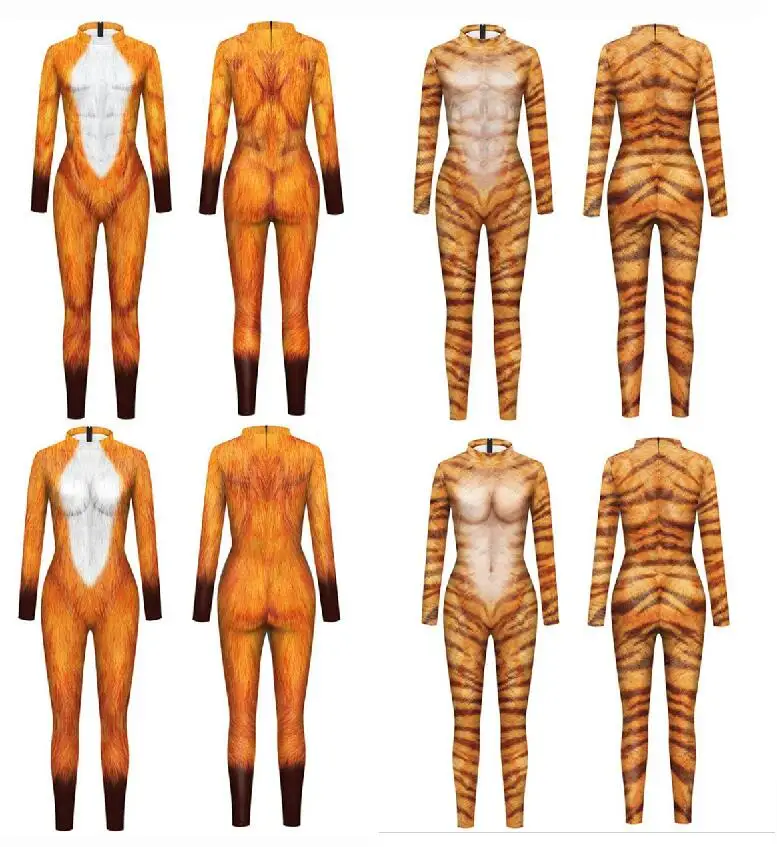 Cosplay Dier De Giraffe Tijger Wolf Huid Paar Bodysuits Kostuum Jumpsuit Mannen Vrouwen Outfits Performance Zentai Pak