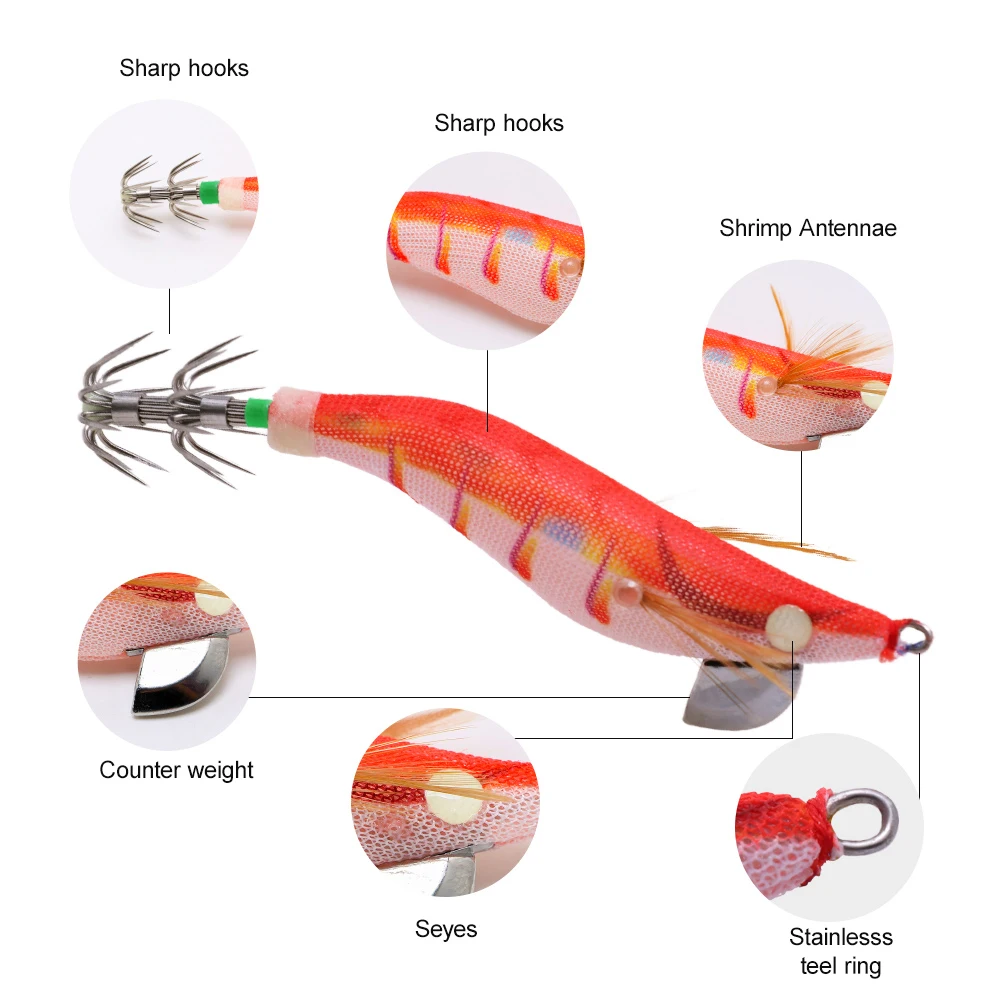 Cebo de camarón luminoso de madera con plomo para pesca en mar