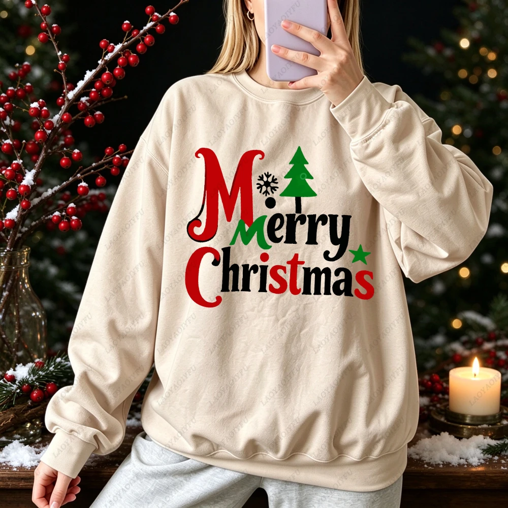 Vintage Christmas Letter Womens Sweatshirt Retro Color Block Merry Tree Snowflake Print Winter Xmas Pullover Holiday Letter Tops