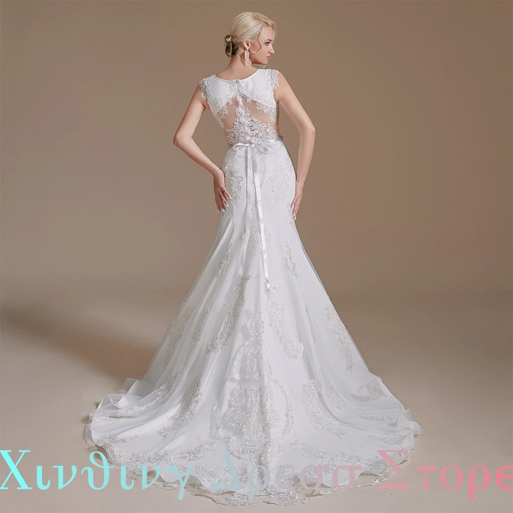 Customized Mermaid Appliques O-neck Crystal Cap Sleeve Tulle Wedding Dresses Formal Lace Chapel Train Bespoke Occasion Gown 2024