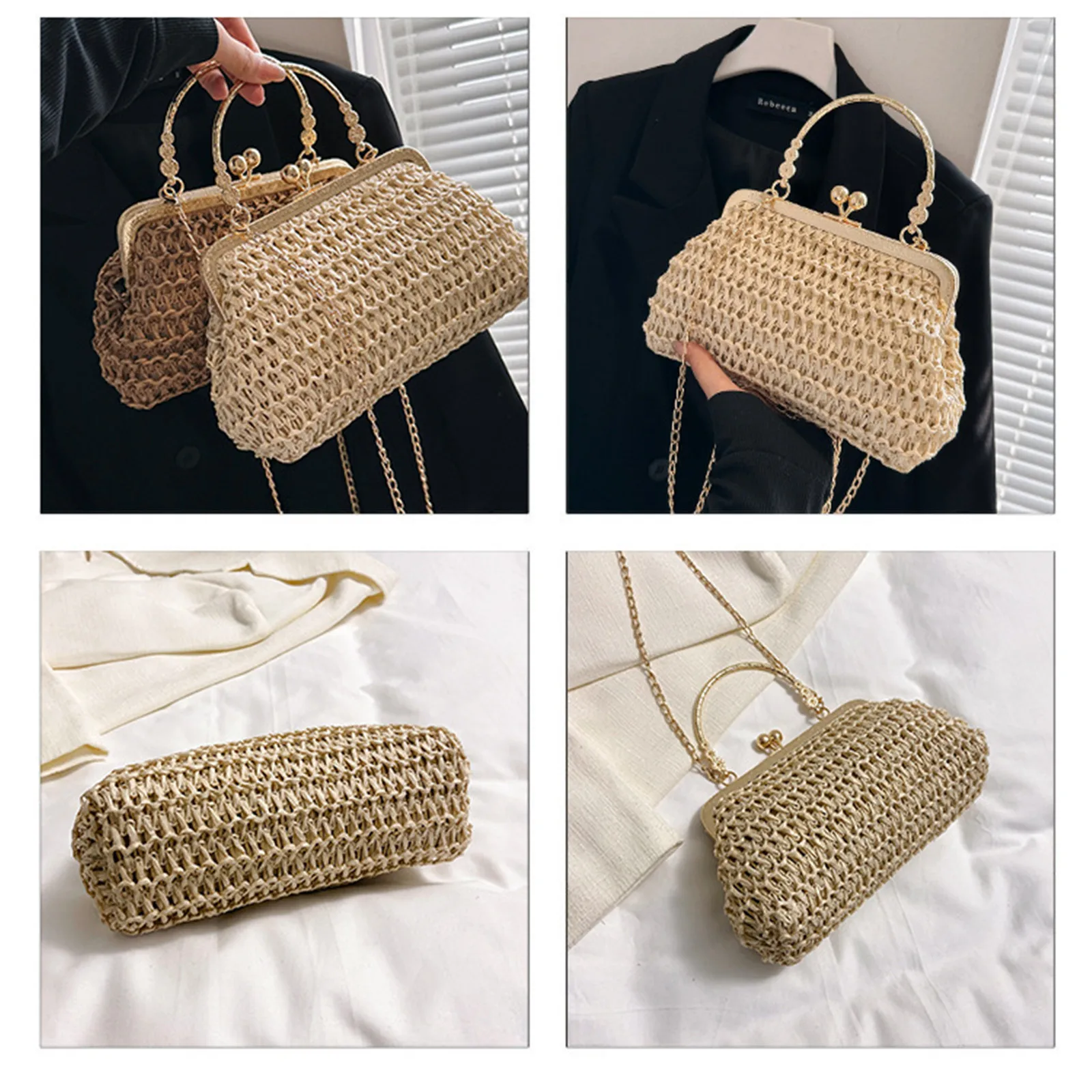 Borse da spiaggia in paglia estiva borsa da banchetto per feste con catena d'oro squisita borsa a mano intrecciata a mano borsa a tracolla con pochette femminile