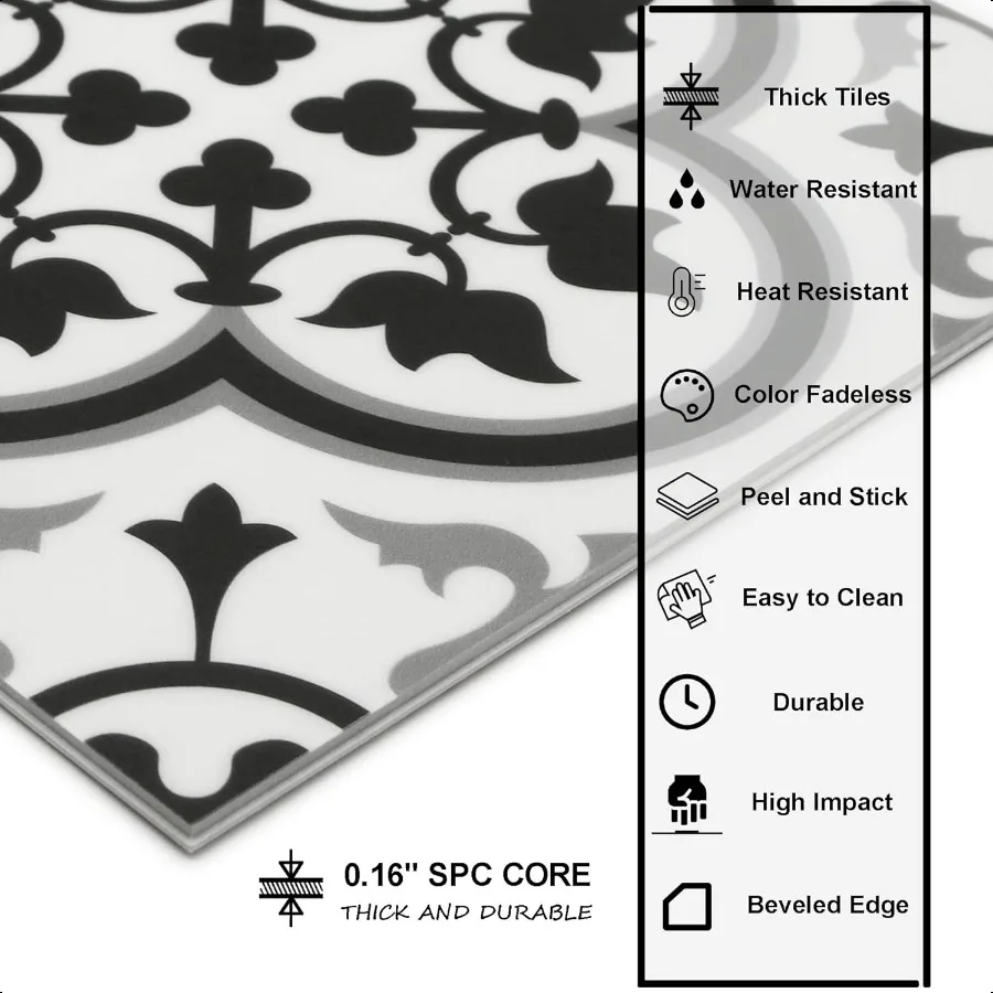 Peel and Stick SPC Vinyl SelfAdhesive Flooring 9x9In Black and White Encaustic Patterned Groutl Backsplash 16 Tiles 9.12 Sq Ft