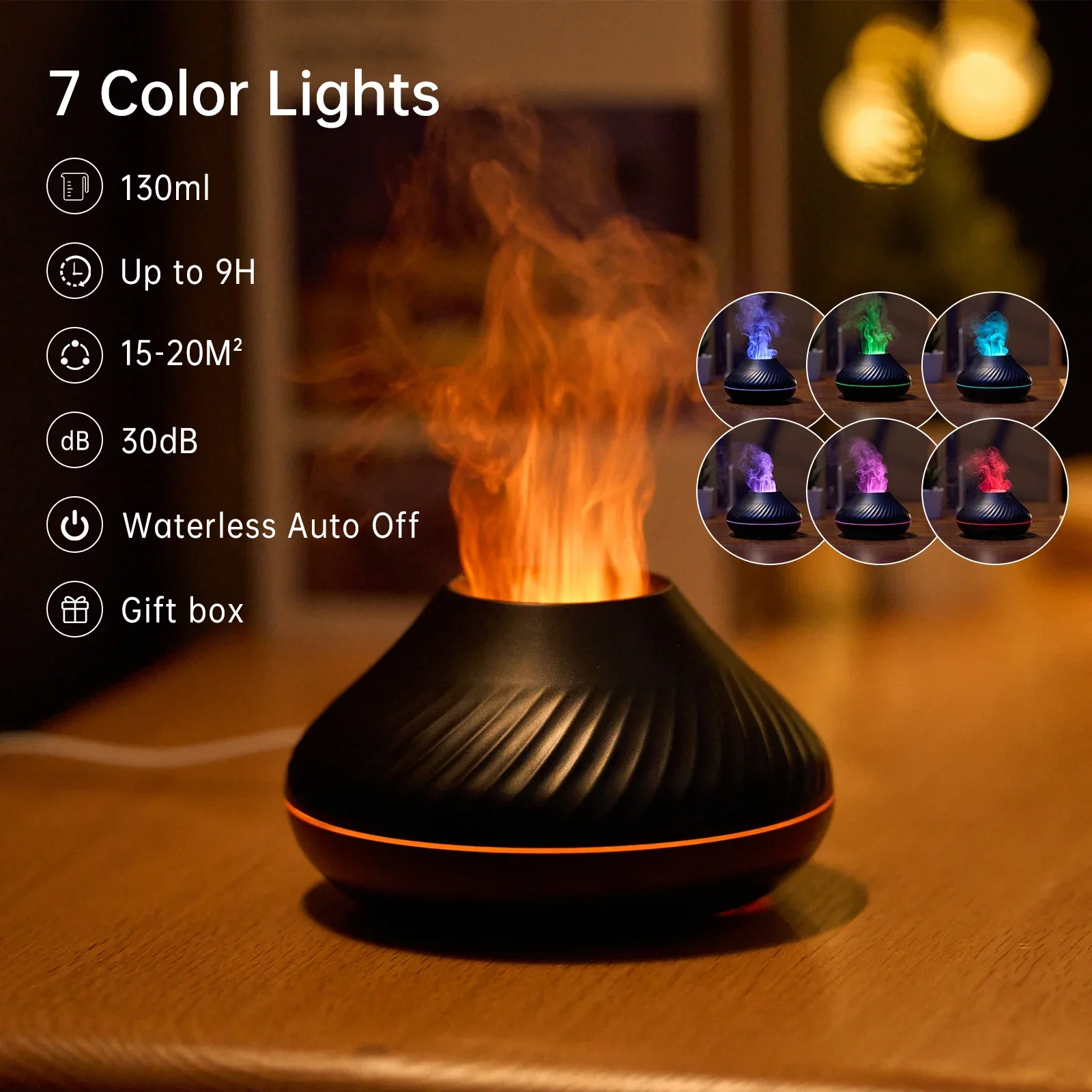 

2024 New Flame Aroma Diffuser 130ML Essential Oil Diffusers USB Portable Air Humidifier With Color Night Light Realistic Fire