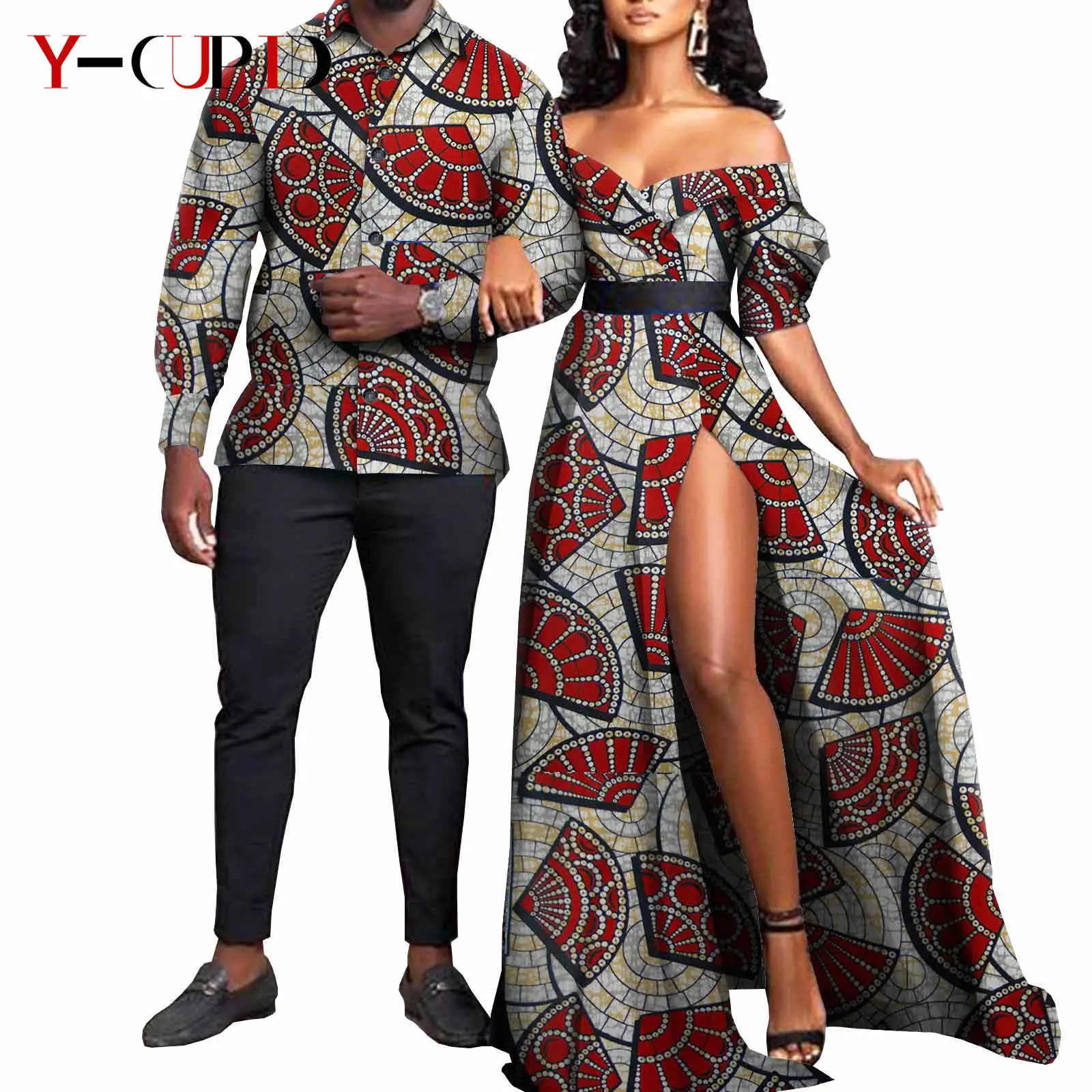 

African Clothes for Couples Sexy Women Ankara Print Maxi Long Dresses Match Men Outfit Party Shirts Top and Pants Sets Y21C001