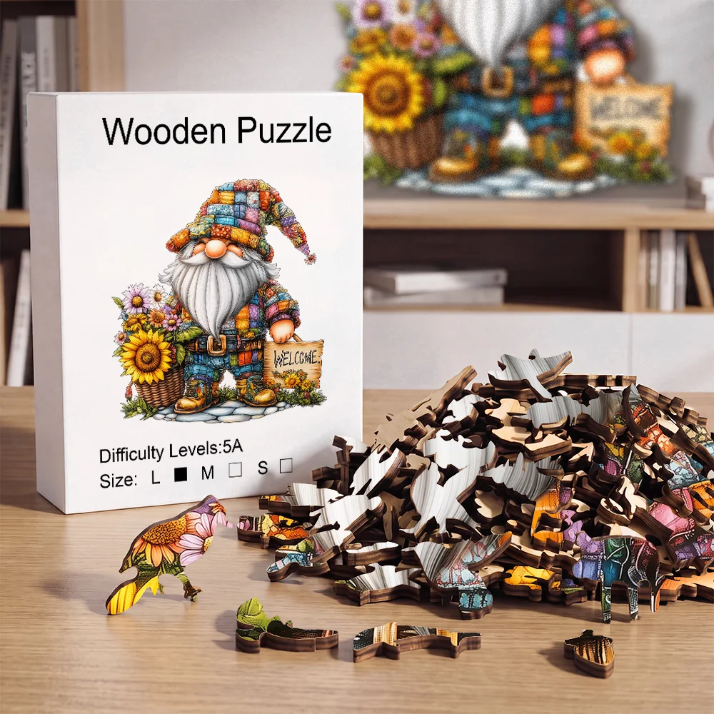 Wooden Jigsaw Puzzle for Adults, Patchwork Gnome Sunflower Design, Whimsy Cut Pieces, Home Art Decor & Holiday Gift